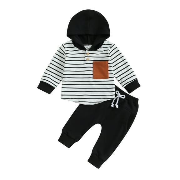 Bagilaanoe 2PCS Toddler Baby Boy Long Pants Set Striped Long Sleeve Hoodie Sweatshirt Tops   Drawstring Sweatpants 6M 12M 18M 24M 3T Kids Casual Sweatsuits