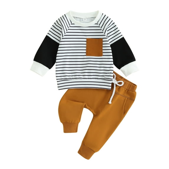 Bagilaanoe 2PCS Toddler Baby Boy Pants Set Stripe Long Sleeve Sweatshirt Pullover Tops + Drawstring Sweatpants 6M 12M 18M 24M 3T Kids Casual Sweatsuits