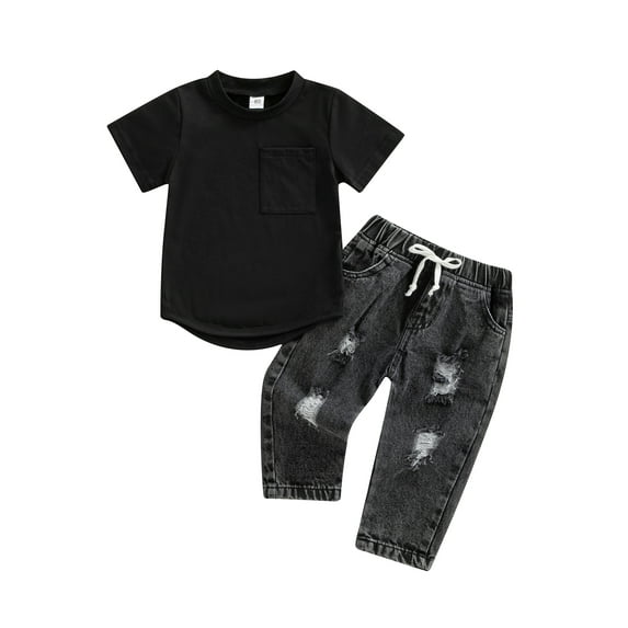 Bagilaanoe 2PCS Toddler Baby Boys Jeans Outfits Short Sleeve T-Shirt Tops + Ripped Denim Pants 6M 12M 18M 24M 3T Infant Casual Set