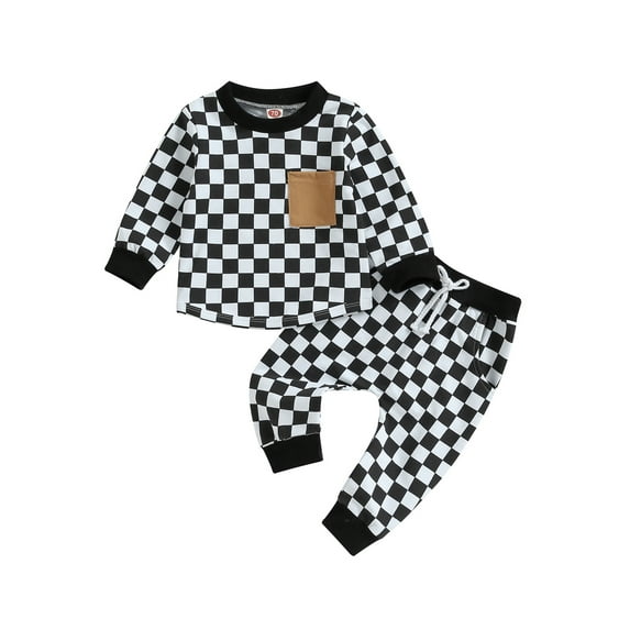 Bagilaanoe 2PCS Toddler Baby Girl Boy Long Pants Set Checkerboard Print Long Sleeve Sweatshirt Pullover Tops + Drawstring Sweatpants 6M 12M 18M 24M 3T 4T Kids Casual Sweatsuits