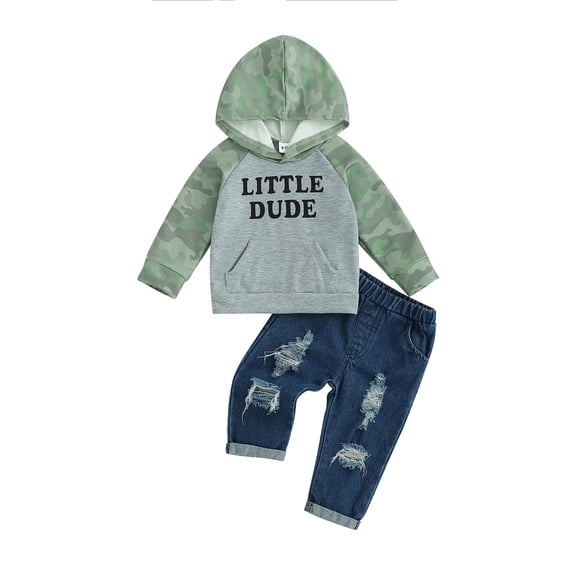 Bagilaanoe 2PCS Toddler Baby Girl Boy Long Pants Set Contrast Color Long Sleeve Hooded Sweatshirt Tops Ripped Jeans 12M 18M 24M 3T 4T 5T Kids Casual Clothes