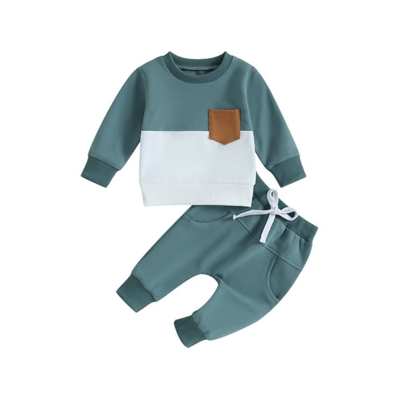 Bagilaanoe 2PCS Toddler Baby Girl Boy Long Pants Set Contrast Color Long Sleeve Pullover Tops + Drawstring Sweatpants 6M 12M 18M 24M 3T Kids Casual Sweatsuits