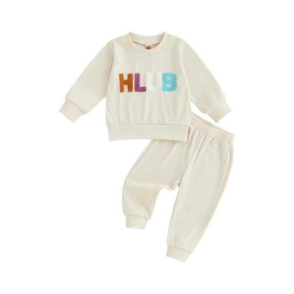 Bagilaanoe 2PCS Toddler Baby Girl Boy Long Pants Set Letter Embroidery Long Sleeve Sweatshirt Pullover Tops + Sweatpants 6M 12M 18M 24M 3T Kids Casual Sweatsuits