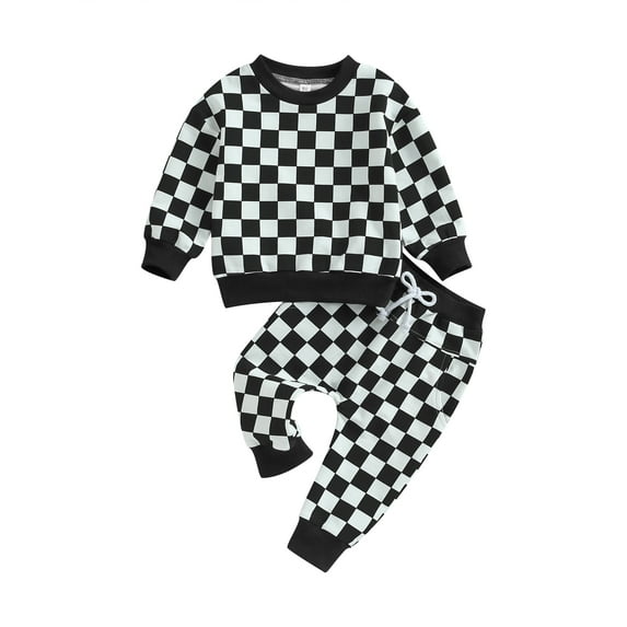 Bagilaanoe 2PCS Toddler Baby Girl Boy Long Pants Set Plaid Long Sleeve Sweatshirt Pullover Tops + Drawstring Sweatpants 6M 12M 24M 3T 4T 5T Kids Casual Sweatsuits