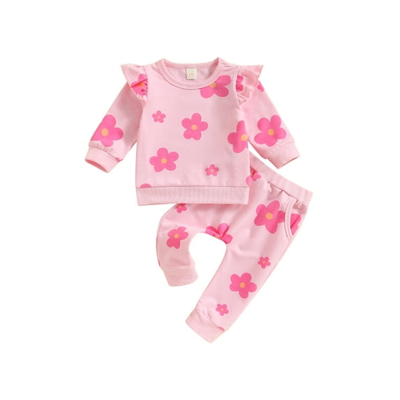 Bagilaanoe 2PCS Toddler Baby Girl Long Pants Set Floral Print Long Sleeve Sweatshirt Pullover Tops + Drawstring Sweatpants 6M 12M 18M 24M 3T Kids Casual Sweatsuits