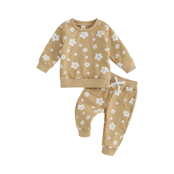 Bagilaanoe 2PCS Toddler Baby Girl Long Pants Set Flower Print Long Sleeve Sweatshirt Pullover Tops + Drawstring Sweatpants 6M 12M 18M 24M 3T Kids Casual Sweatsuits