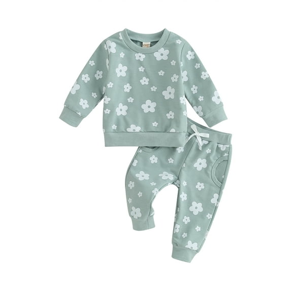 Bagilaanoe 2PCS Toddler Baby Girl Long Pants Set Flower Print Long Sleeve Sweatshirt Pullover Tops + Drawstring Sweatpants 6M 12M 18M 24M 3T Kids Casual Sweatsuits
