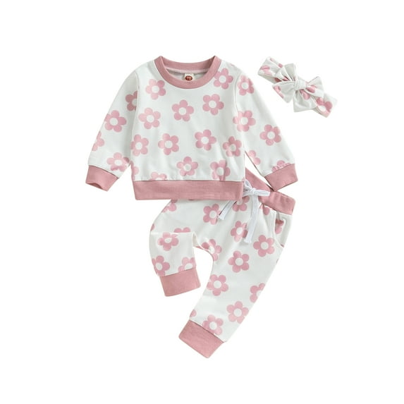 Bagilaanoe 2PCS Toddler Baby Girl Long Pants Set Flower Print Long Sleeve Sweatshirt Pullover Tops + Sweatpants + Headband 6M 12M 18M 24M 3T Kids Casual Sweatsuits