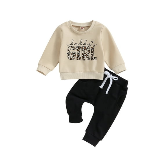Bagilaanoe 2PCS Toddler Baby Girl Long Pants Set Letter Leopard Print Long Sleeve Sweatshirt Pullover Tops + Sweatpants 6M 12M 18M 24M 3T Kids Casual Sweatsuits
