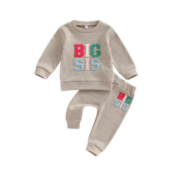 Bagilaanoe 2PCS Toddler Baby Girl Long Pants Set Letter Pattern Long Sleeve Sweatshirt Pullover Tops + Sweatpants 6M 12M 18M 24M 3T 4T Kids Casual Waffle Sweatsuits