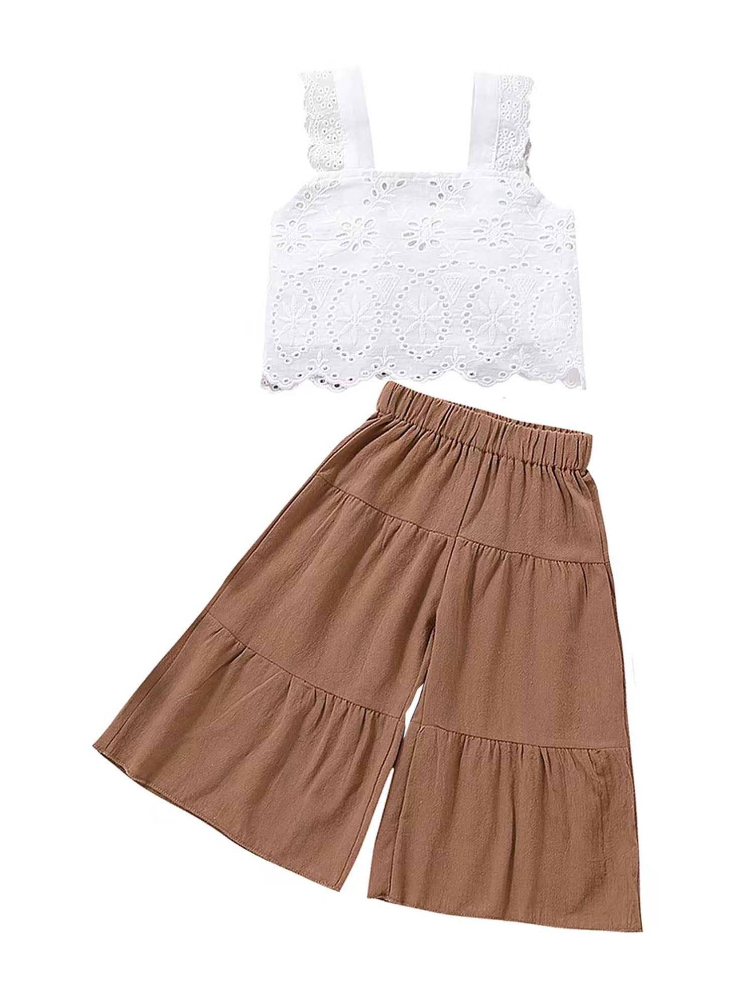Bagilaanoe 2PCS Toddler Baby Girl Outfits Floral Lace Sleeveless Crop Tops Flared Pants 1T 2T 3T 4T 5T Kids Summer Casual Set