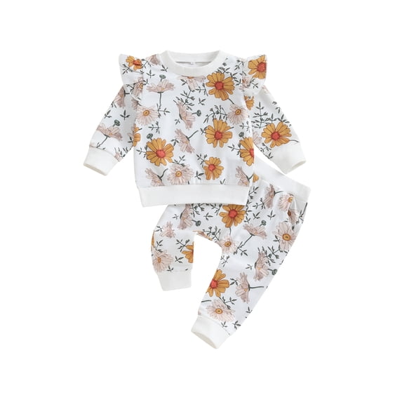 Bagilaanoe 2PCS Toddler Baby Girl Pants Set Flower Print Long Sleeve Sweatshirt Pullover Tops + Sweatpants 6M 12M 18M 24M 3T Kids Casual Sweatsuits
