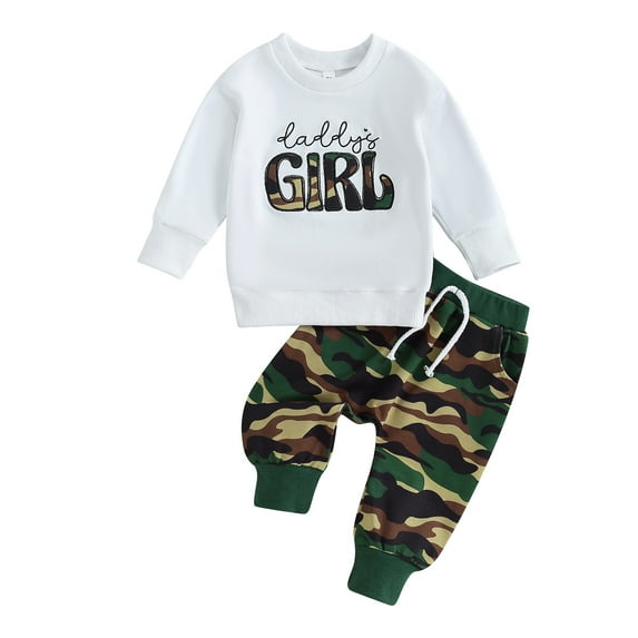Bagilaanoe 2PCS Toddler Baby Girl Pants Set Letter Embroidery Long Sleeve Sweatshirt Tops + Camouflage Sweatpants 6M 12M 18M 24M 3T Kids Casual Sweatsuits