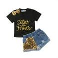 thumbnail image 1 of Bagilaanoe 2PCS Toddler Baby Girl Short Pants Set Letter Print Short Sleeve T-shirt Tops + Patchwork Denim Shorts 1T 2T 3T 4T 5T 6T Kids Casual Summer Outfits, 1 of 7