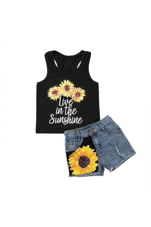 2PCS Toddler Baby Girl Short Pants Set Sunflower Print Sleeveless Vest Tops + Denim Shorts 1T 2T 3T 4T 5T 6T Kids Casual Summer Outfits