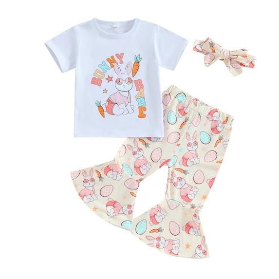 Bagilaanoe 2Pcs Baby Girl Boy Easter Clothing Sets Toddler Letter Print Short Sleeve T-shirt Tops + Flare Trousers + Headband 6M 12M 18M 24M 3T 4T 5T Kids Pants Set