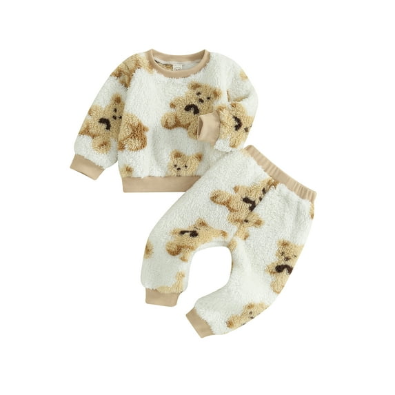 Bagilaanoe 2Pcs Baby Girl Boys Plush Clothing Sets Toddler Print Long Sleeve Sweatshirt Tops + Sweatpants 6M 12M 18M 24M 3T 4T Kids Fall Winter Warm Pants Set