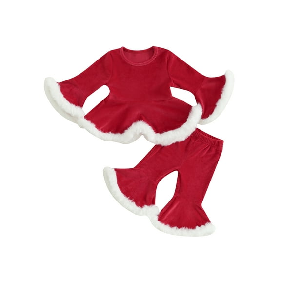 Bagilaanoe 2Pcs Baby Girl Christmas Costume Toddler Long Sleeve Plush A-line Tops + Flared Pants 6M 12M 18M 24M 3T 4T Kids Cosplay Party Dress UP
