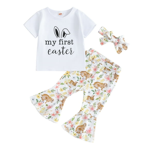 Bagilaanoe 2Pcs Baby Girl Easter Clothing Sets Toddler Letter Print Short Sleeve T-shirt Tops   Flare Trousers   Headband 6M 12M 18M 24M 3T 4T Kids Spring Pants Set