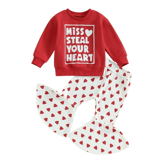 Bagilaanoe 2Pcs Baby Girl Valentine's Day Clothing Sets Toddler Letter Print Long Sleeve T-shirt Tops + Flare Trousers 6M 12M 18M 24M 3T Kids Pants Set