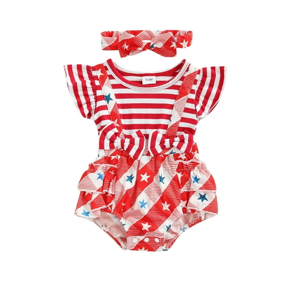 Bagilaanoe 2Pcs Baby Girls 4th of July Outfits Striped Star Print Flying Sleeve Layered Romper Dress + Hairband for 0-18 Months