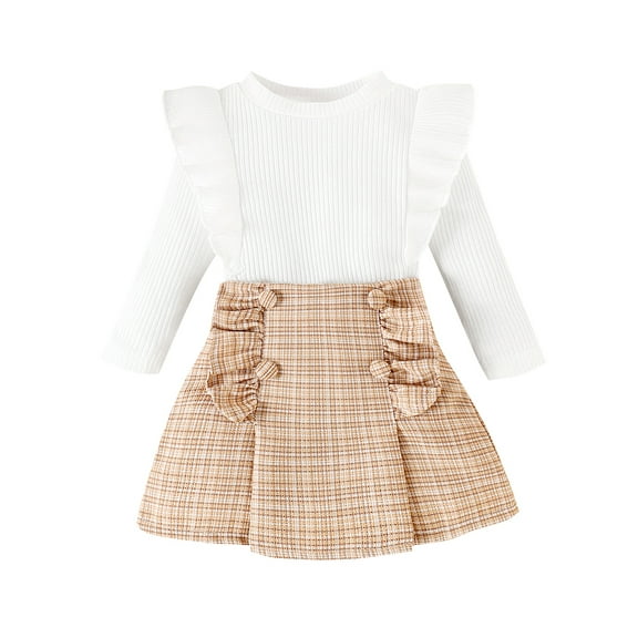 Bagilaanoe 2Pcs Baby Girls Fall Clothes Toddler Long Sleeve Ruffle Ribbed Tops   Plaid A-line Skirt 6M 12M 18M 24M 3T 4T Kids Casual Skirt Set
