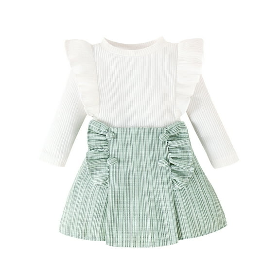 Bagilaanoe 2Pcs Baby Girls Fall Clothes Toddler Long Sleeve Ruffle Ribbed Tops   Plaid A-line Skirt 6M 12M 18M 24M 3T 4T Kids Casual Skirt Set