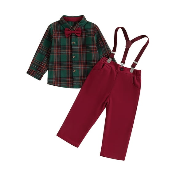 Bagilaanoe 2Pcs Little Boys Overalls Set Toddler Plaid Long Sleeve Shirt Tops with Bow Tie + Suspender Pants 1T 2T 3T 4T 5T 6T 7T Kids Gentleman Formal Clothes