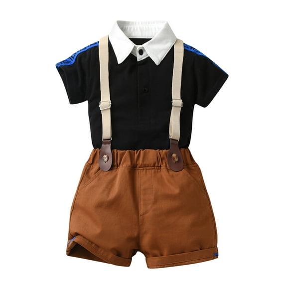 Bagilaanoe 2Pcs Little Boys Overalls Shorts Set Short Sleeve Patchwork Shirt Tops   Suspender Short Pants 4T 5T 6T 7T Kids Gentleman Formal Outfits