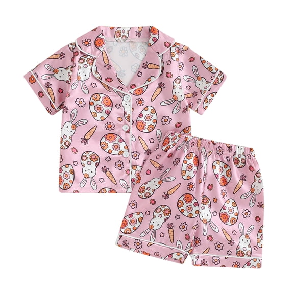 Bagilaanoe 2Pcs Little Girl Easter Pajamas Set Toddler Print Short Sleeve Shirt and Shorts 1T 2T 3T 4T 5T 6T 7T Kids Summer Sleepwear Loungewear