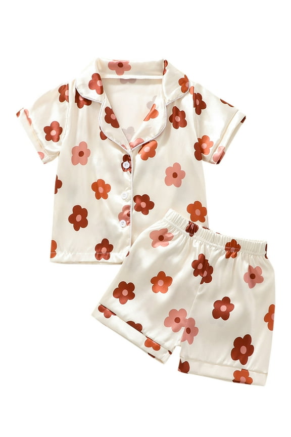 2Pcs Little Girl Summer Pajamas Set Flower Print Short Sleeve Shirt and Shorts 6T 7T 8T Toddler Kids Summer Sleepwear Loungewear