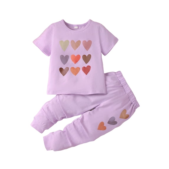 Bagilaanoe 2Pcs Little Girl Valentine's Day Outfits Heart Print Short Sleeve T-Shirt Tops + Sweatpants 3T 4T 5T 6T 7T Kids Long Pants Set