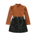 thumbnail image 1 of Bagilaanoe 2Pcs Little Girls Autumn Clothes Toddler Long Sleeve Ribbed Tops + Black PU Leather Skirt 2T 3T 4T 5T 6T 7T Kids Casual Skirt Set, 1 of 9