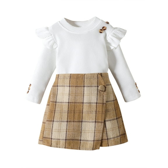 Bagilaanoe 2Pcs Little Girls Fall Clothes Toddler Long Sleeve Ruffle Tops   Plaid Skirt 18M 24M 3T 4T 5T 6T Kids Casual Skirt Set