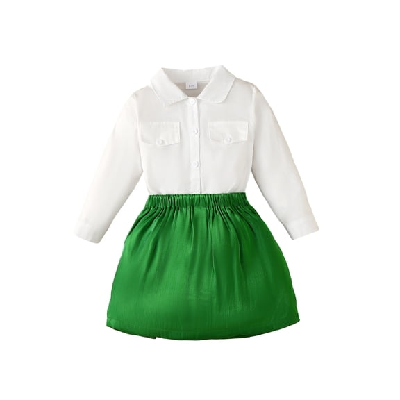 Bagilaanoe 2Pcs Little Girls Fall Clothes Toddler White Long Sleeve Shirt Tops   Green Mini Skirt 2T 3T 4T 5T 6T 7T 8T Kids Casual Skirt Set