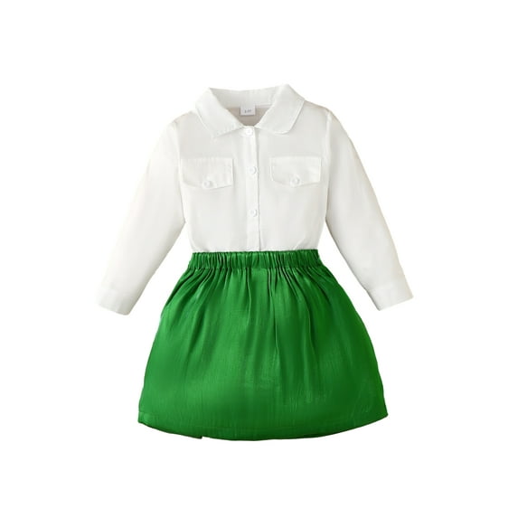 Bagilaanoe 2Pcs Little Girls Fall Clothes Toddler White Long Sleeve Shirt Tops + Green Mini Skirt 2T 3T 4T 5T 6T 7T 8T Kids Casual Skirt Set