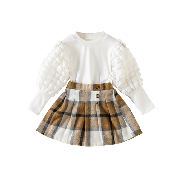 Bagilaanoe 2Pcs Little Girls Fall Clothing Sets Skirt Set Long Sleeve Shirts Tops   Plaid A-Line Skirts 1T 2T 3T 4T 5T 6T Kids Casual Outfits