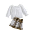thumbnail image 1 of Bagilaanoe 2Pcs Little Girls Fall Outfits Long Sleeve Off-shoulder T-shirt Tops + Plaid Skirt 12M 24M 3T 4T 5T 6T 7T Toddler Kids Casual Skirt Set, 1 of 8