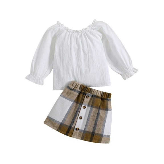 Bagilaanoe 2Pcs Little Girls Fall Outfits Long Sleeve Off-shoulder T-shirt Tops   Plaid Skirt 12M 24M 3T 4T 5T 6T 7T Toddler Kids Casual Skirt Set