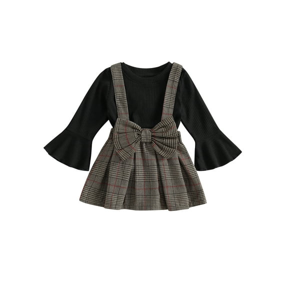 Bagilaanoe 2Pcs Little Girls Overalls Dress Set Ribbed Long Sleeve Pullover Tops + Plaid Suspender Skirt 1T 2T 3T 4T 5T 6T 7T Kids Casual Outfits