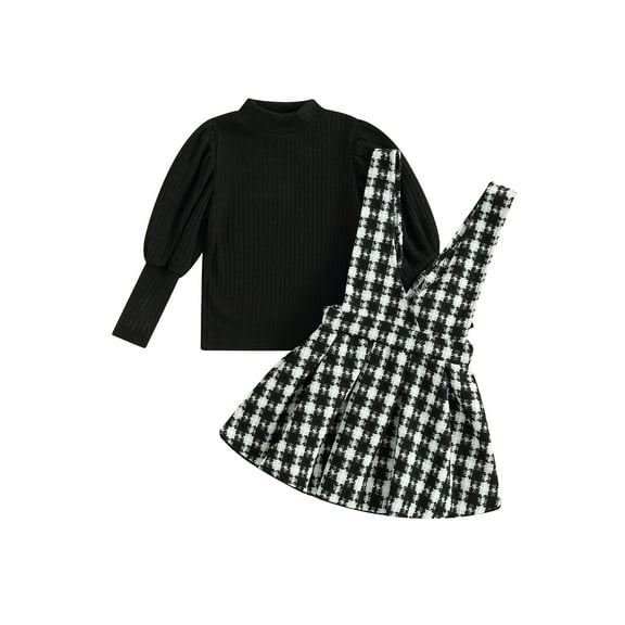 Bagilaanoe 2Pcs Little Girls Overalls Dress Set Toddler Long Puff Sleeve Tops + Plaid Suspender Skirt 4T 5T 6T 7T Kids Casual Clothes