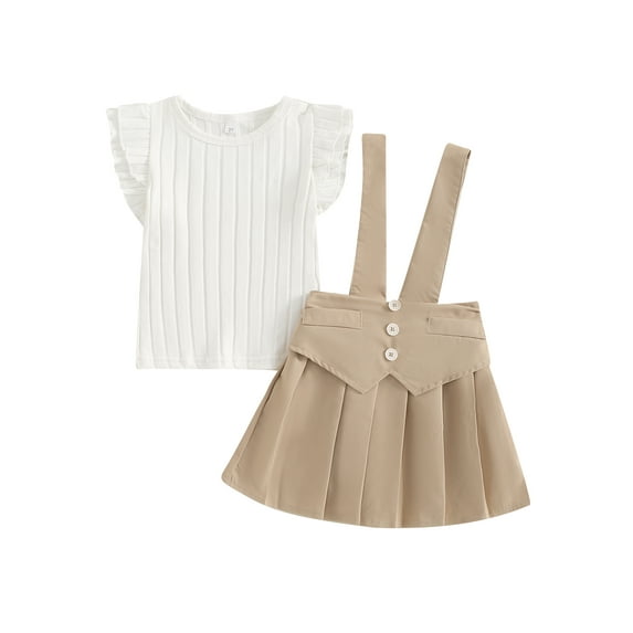 Bagilaanoe 2Pcs Little Girls Overalls Dress Set Toddler Ribbed Fly Sleeve T-Shirt Tops + Pleated Suspender Skirt 3T 4T 5T 6T 7T 8T Kids Casual Clothes