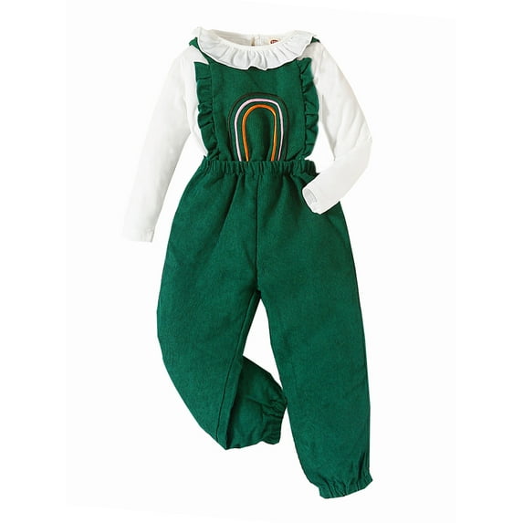 Bagilaanoe 2Pcs Little Girls Overalls Set Long Sleeve Shirt Tops + Rainbow Embroidery Suspender Pants 3T 4T 5T 6T 7T Kids Fall Casual Outfits