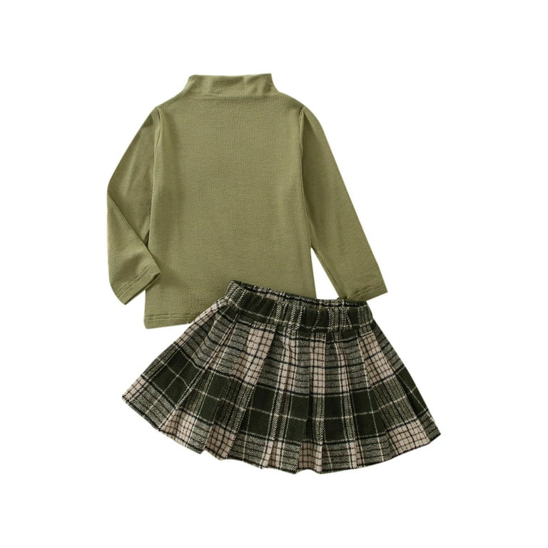 Bagilaanoe 2Pcs Little Girls Skirt Set Long Sleeve Turtleneck Knitted Tops Plaid Mini Pleated Skirts 2T 3T 4T 5T 6T 7T Kids Casual Outfits