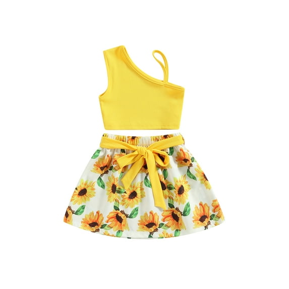 Bagilaanoe 2Pcs Little Girls Skirt Set Sleeveless Vest Tops + Floral A-Lined Short Skirt with Waist Belt 2T 3T 4T 5T 6T 7T Kids Casual Outfits
