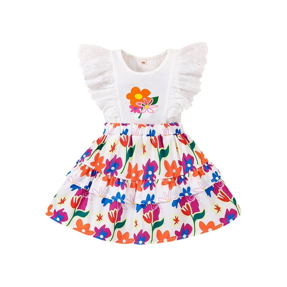Bagilaanoe 2Pcs Little Girls Summer Clothes Toddler Flying Sleeve Tops + Floral Skirt 3T 4T 5T 6T 7T 8T Kids Casual Skirt Set