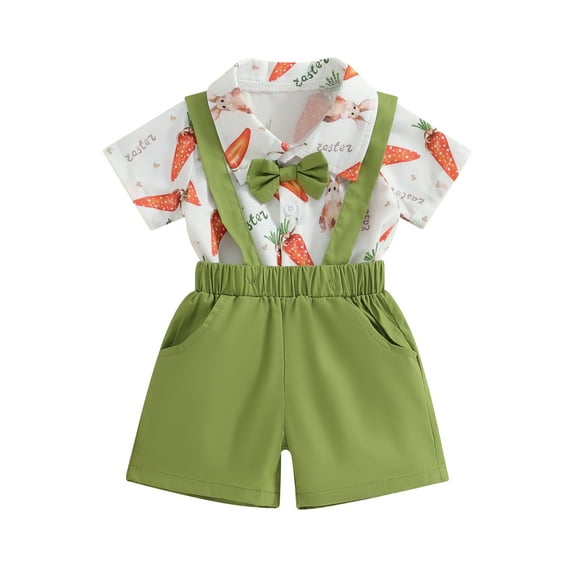 Bagilaanoe 2Pcs Newborn Baby Boys Overalls Shorts Set Short Sleeve Rabbit Print Romper Tops + Suspender Short Pants 3M 6M 12M 18M 24M Infant Gentleman Formal Clothes