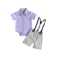 thumbnail image 1 of Bagilaanoe 2Pcs Newborn Baby Boys Overalls Shorts Set Short Sleeve Romper Shirt with Bow Tie + Suspender Short Pants 6M 12M 18M Infant Gentleman Formal Outfits, 1 of 9