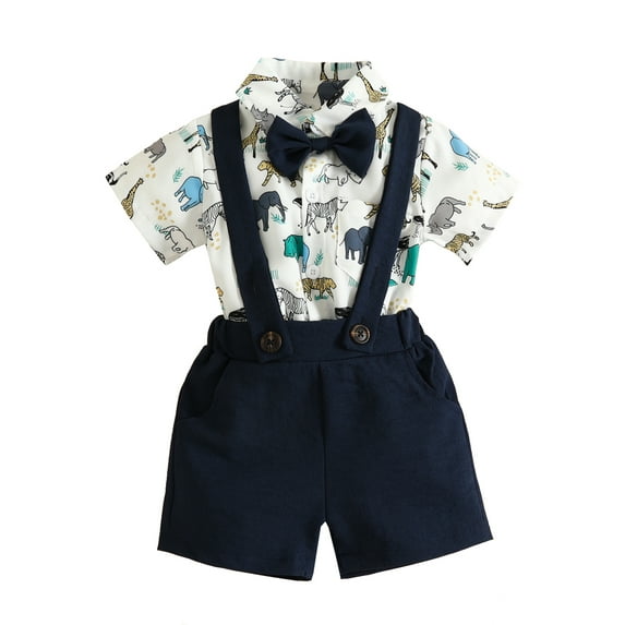 Bagilaanoe 2Pcs Newborn Baby Boys Overalls Shorts Set Short Sleeve Romper Shirt with Bow Tie + Suspender Short Pants 9M 12M 24M Infant Gentleman Formal Outfits
