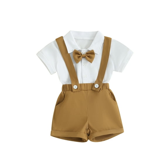 Bagilaanoe 2Pcs Newborn Baby Boys Overalls Shorts Set Short Sleeve Romper Tops + Suspender Short Pants 3M 6M 12M 18M Infant Gentleman Formal Clothes
